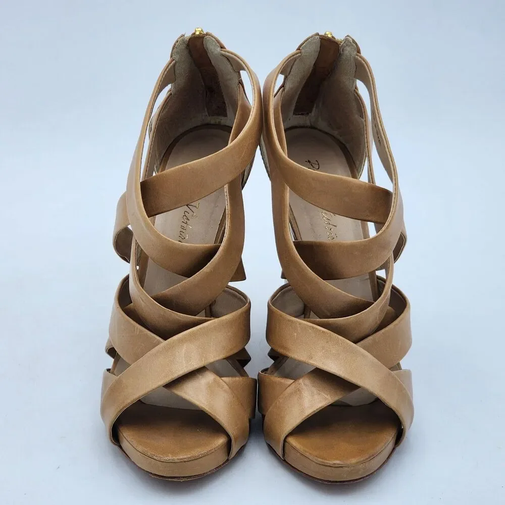 Pour La Victoire Strappy Leather Wedge Platform Heel Sandals Zipper Tan Size 7.5
